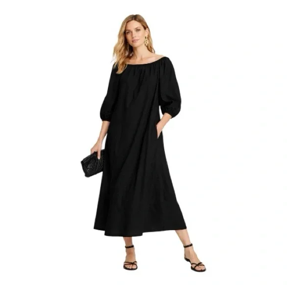 Frances Valentine Bliss Black Cotton Poplin Puff Sleeve Maxi Dress Size Large - Picture 2 of 9